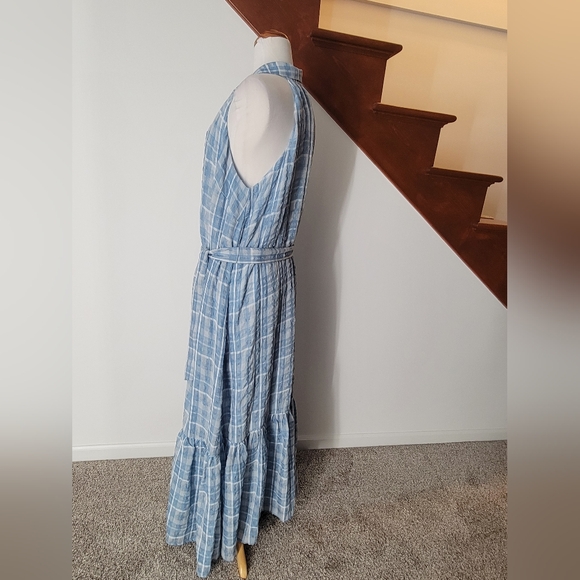 Anthropologie Sleeveless Button Down Shirt Dress Blue Plaid Maxi Tiered XL - Picture 3 of 5